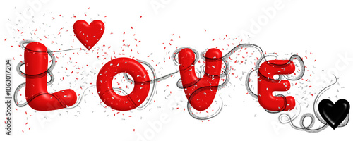 The word LOVE, with a line of love wrapped around it, begins with a red heart and ends with a black heart.