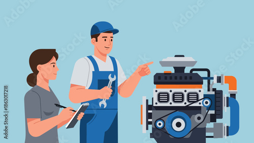 Mechanic and assistant inspecting engine with clipboard and wrench