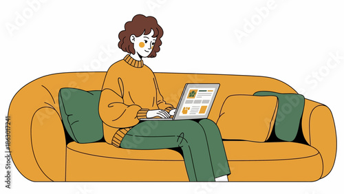 Woman working remotely on laptop while sitting comfortably on couch