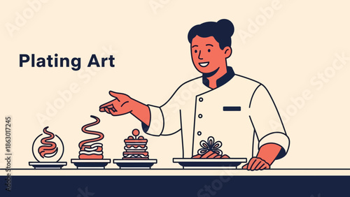 Chef presenting beautifully plated dishes in a modern kitchen setting