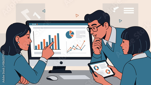 Business team analyzing data on computer and tablet in meeting