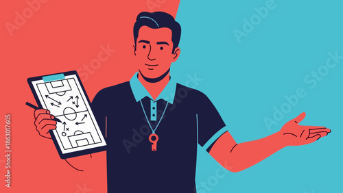 Confident coach explaining soccer strategy with clipboard in hand