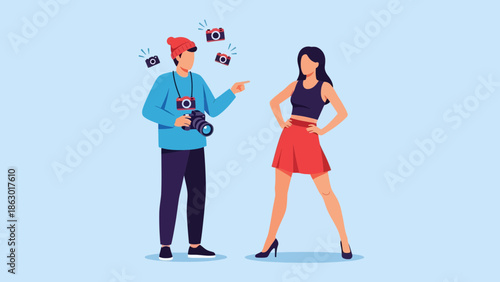 Photographer and model discussing shoot details with cameras around them