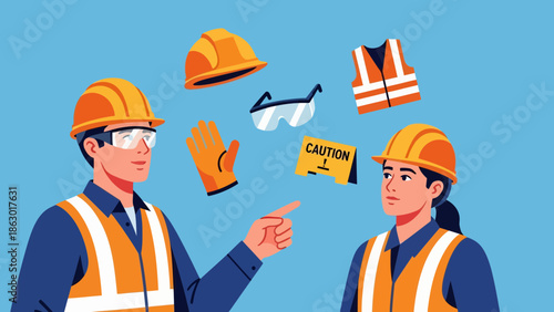 Construction workers discussing safety gear and protocols