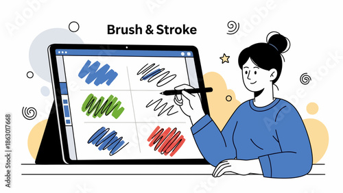 Woman creating digital art with stylus on computer tablet