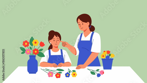 Two florists arranging colorful flowers on a white table together
