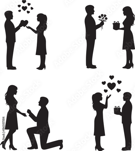 PriSilhouette illustrations of romantic proposals and gift givingnt
