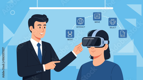 Businessman guiding colleague with virtual reality headset in modern office