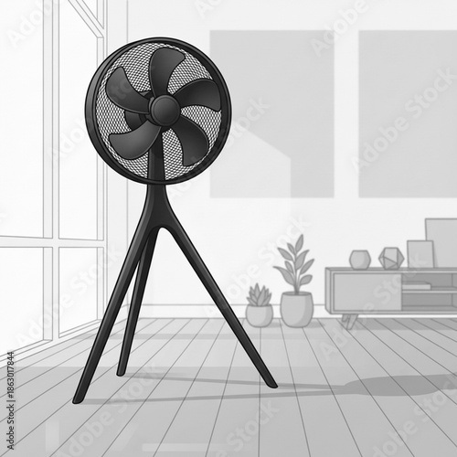 Black pedestal fan on tripod legs inside a bright minimalist home interior design