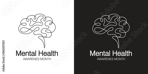 Mental Health Awareness Month Poster with Brain Line Illustration