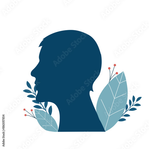 Mental Health Concept Human Head Silhouette with Nature Elements