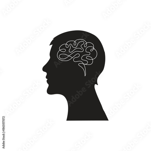Head Silhouette with Brain Line
