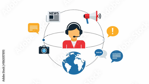 Global communication and news broadcasting concept with journalist