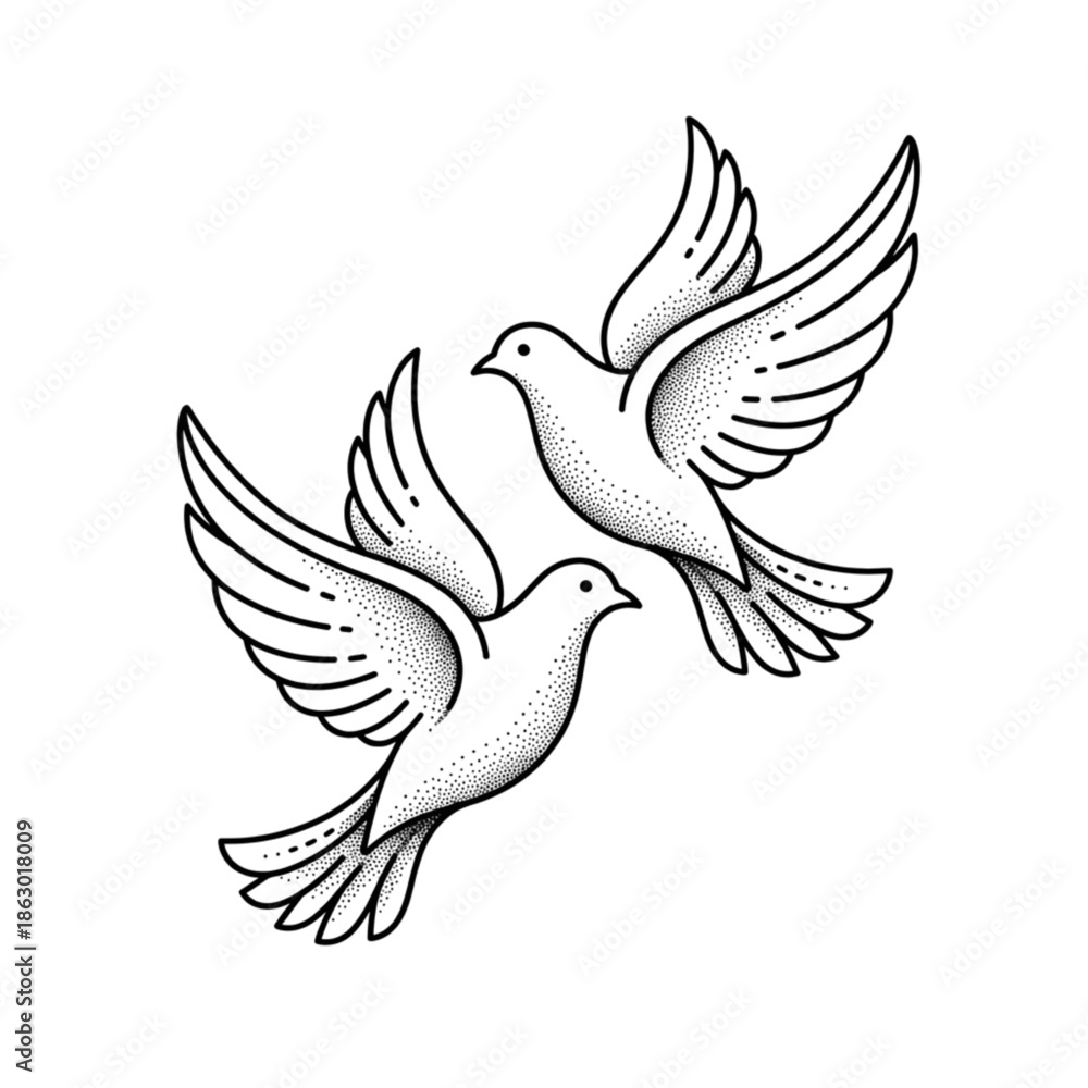 Obraz premium Two Flying Doves Line Art Illustration with Dot-work Shading Isolated on White Background