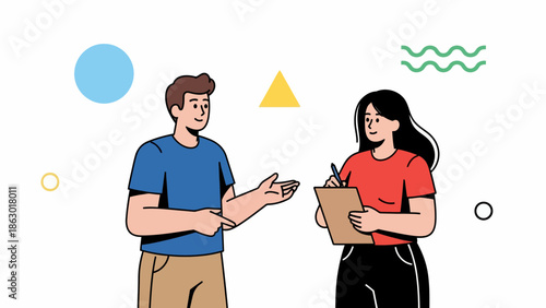 Two colleagues discussing ideas in a creative workspace setting