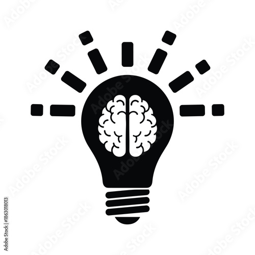 Bright idea represented by light bulb with brain inside