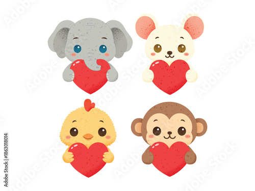 Cute Kawaii Animals Holding Red Hearts - Gray Elephant, White Mouse, Chick, and Brown Monkey for Valentine’s Day. Adorable Hand-drawn Textured Animal Vector Set	