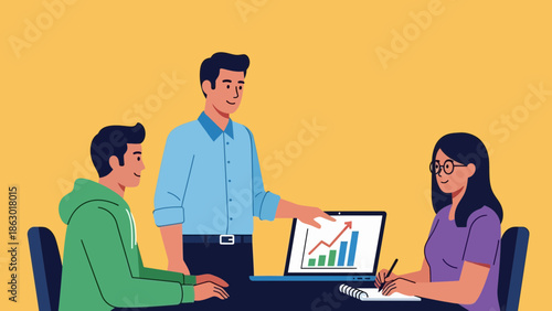 Business team collaborating on data analysis in modern meeting