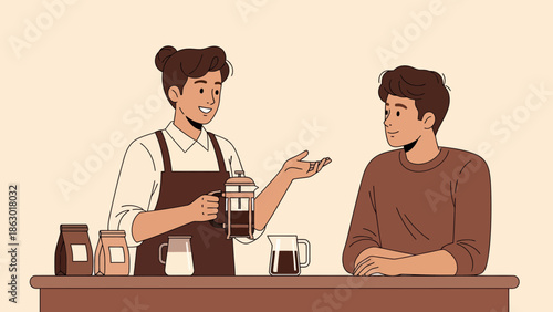 Barista and customer enjoying coffee conversation at cafe