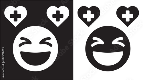 Smiling face with heart and cross icons in minimalist design with monochromatic color scheme on black and white background for emoticon or social media