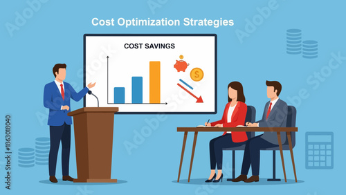 Businessman presenting cost optimization strategies to colleagues in meeting