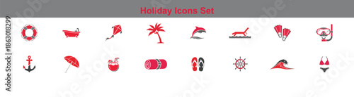 A vibrant collection of holiday and vacation themed icons for summer adventures