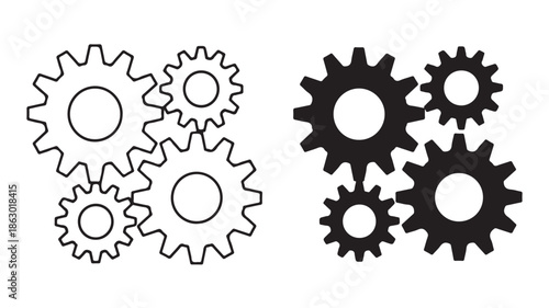 Gears and Cogs in Simple Line Art and Solid Black Style on White Background for Mechanical Illustration