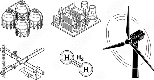 Future Green Hydrogen Energy and Industrial Infrastructure Icon Set