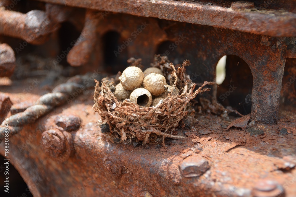Obraz premium Mud Dauber Nest Resting on Weathered Engine Housing Surrounded by Leaves and Dirt