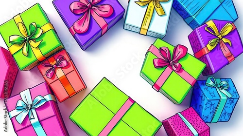 Vibrant gifts in colorful wrapping paper with elegant bows