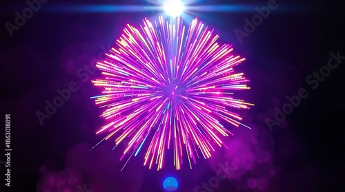 Vibrant purple fireworks exploding in dark night sky with bright lights
