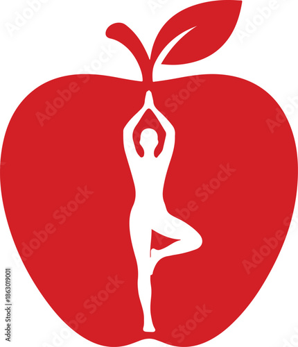 Minimal flat apple icon with yoga pose symbolizing health, wellness, nutrition, and balanced lifestyle. Clean vector design perfect for fitness, diet, and healthy living concepts.