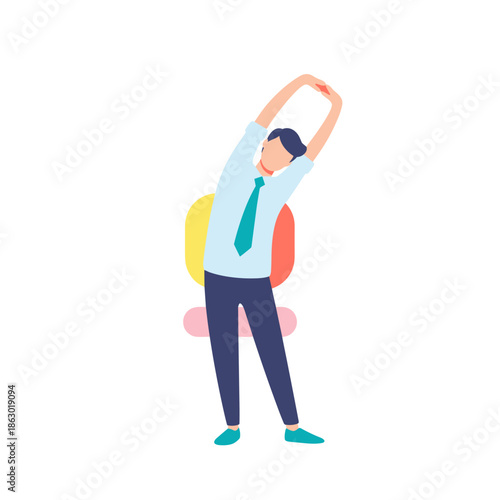 Young man stretching his arms while wearing a backpack in office attire  