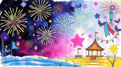 Vibrant fireworks display over colorful carnival at night