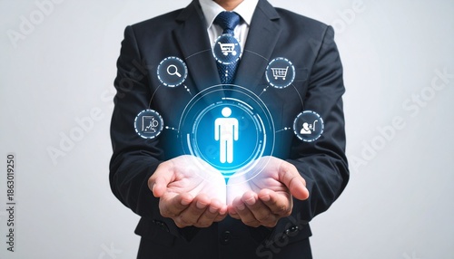 Businessman presenting digital human icon with connected service symbols