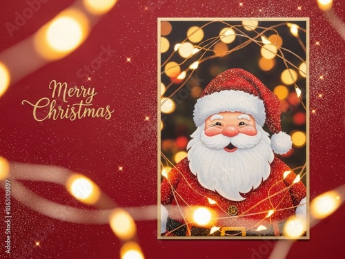Merry christmas santa claus portrait with warm golden lights on red background festive holiday greeting card with Seasonal and Cheerful and Joyful