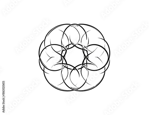 A black, circular, floral design of intertwined loops with leaf-like shapes in the center, on a white background