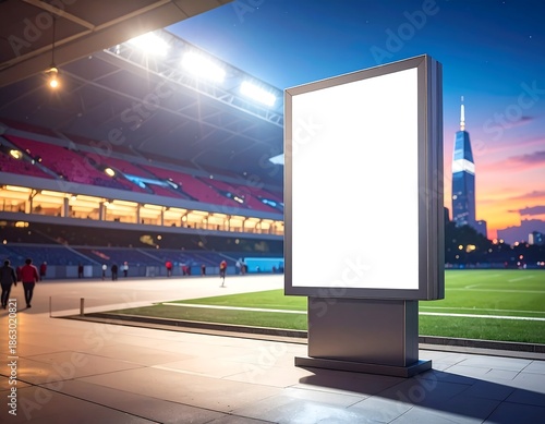 A blank outdoor billboard stands ready for advertising, illuminated at night, with a stadium and city skyline in the background