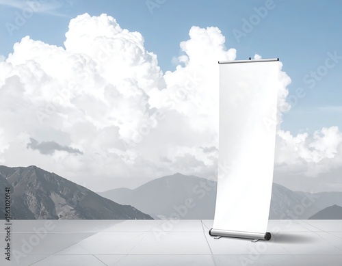 A blank, vertical display stand is positioned on a paved surface, against a backdrop of mountains and a cloudy blue sky