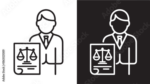 Lawyer holding scales of justice in minimalist line art style with simple black and white color scheme for legal services icon