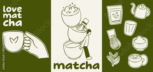 Playful hand drawn matcha illustration set featuring cups, tools, and cozy moments with flat doodle style.