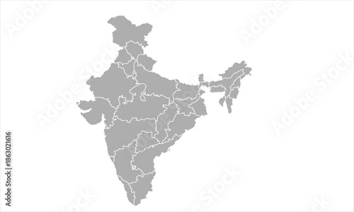 grey Vector Silhouette Map of India with Internal State Borders and Administrative Divisions