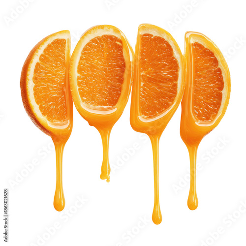 Four orange slices dripping with juice, isolated on a black background, vibrant and fresh