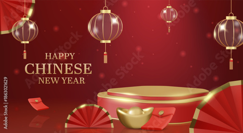 3D vector illustration of red podium with glass lanterns and gold fans. Concept for happy chinese new year background and wealth celebration. Luxury and premium festive holiday banner template.