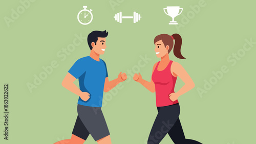 Couple jogging together in fitness gear with sports icons around them