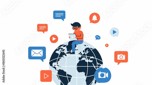 Man sitting on globe working on laptop with social media icons around