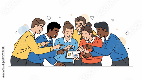 Diverse team collaborating on tablet with graph and data analysis in modern workspace setting