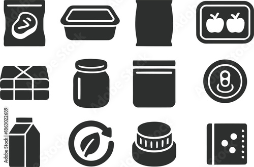 Collection of grocery and food packaging icons on transparent background