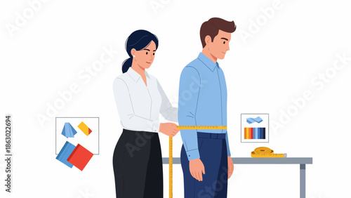 Fashion designer measuring male client for custom clothing fit