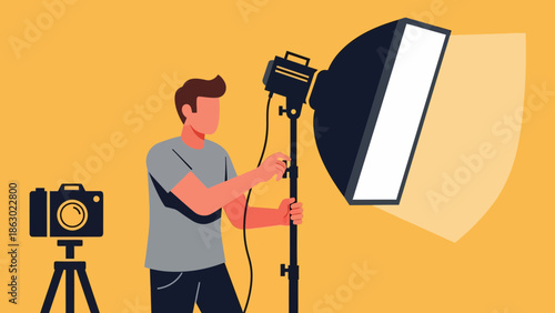 Man adjusting studio lighting equipment for photography session